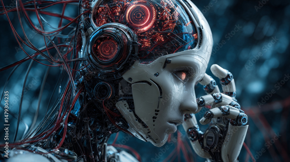 Poster robot or cyborg with wires sticking out is in the flow of digital information. beautiful female cybe