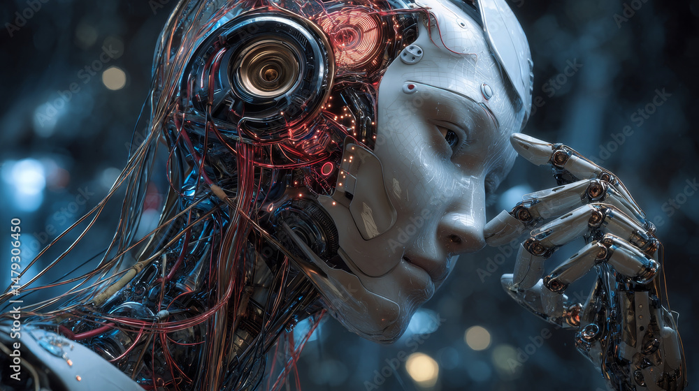 Poster robot or cyborg with wires sticking out is in the flow of digital information. beautiful female cybe