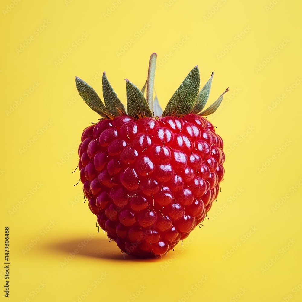 Poster vibrant red raspberry isolated on yellow background close-up of texture and freshness