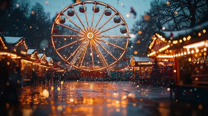 Winter fairground scene with Ferris wheel and illuminated stalls. Snow falling