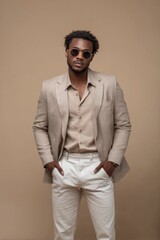 Stylish Man in Beige Linen Suit: A Relaxed Fashion Portrait