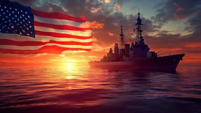 American warship representing the U.S. Navy, with the ship positioned against the backdrop of the American flag. U.S. naval forces. A Russian-style ship set against a sunset and the American flag
