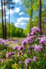 Obraz premium A blurred spring background, with a blooming glade covered in delicate wildflowers