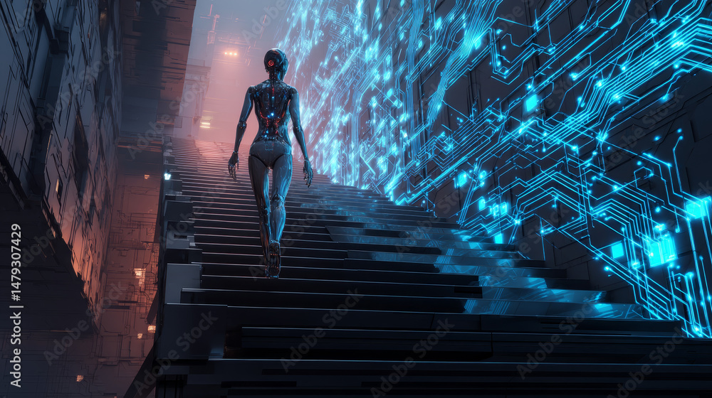 Aufkleber woman robot or cyborg with ai goes up futuristic stairs in full growth. ai or artificial intelligenc