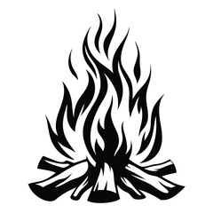 Monochrome depiction of a roaring campfire with logs and flickering flames