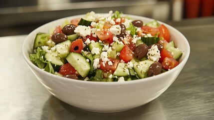 A bowl of salad with tomatoes, cucumbers, and olives