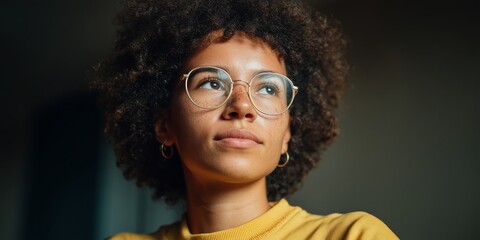 Young student with glasses and natural curls in thoughtful moment