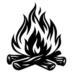 Stylized Black and White Illustration of a Campfire with Burning Logs