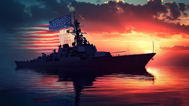 American warship representing the U.S. Navy, with the ship positioned against the backdrop of the American flag. U.S. naval forces. A Russian-style ship set against a sunset and the American flag