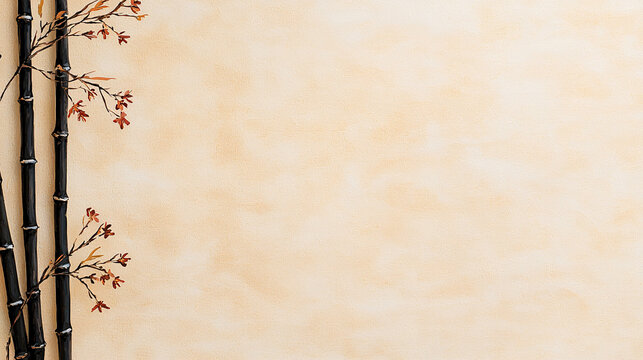 Black bamboo stalks with autumn leaves create elegant zen backdrop against cream colored paper.