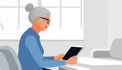 Elderly woman engaging with tablet in modern living room, lifelong learning