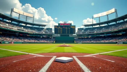 Baseball field with bases and scoreboard in background, panorama, day, baseball