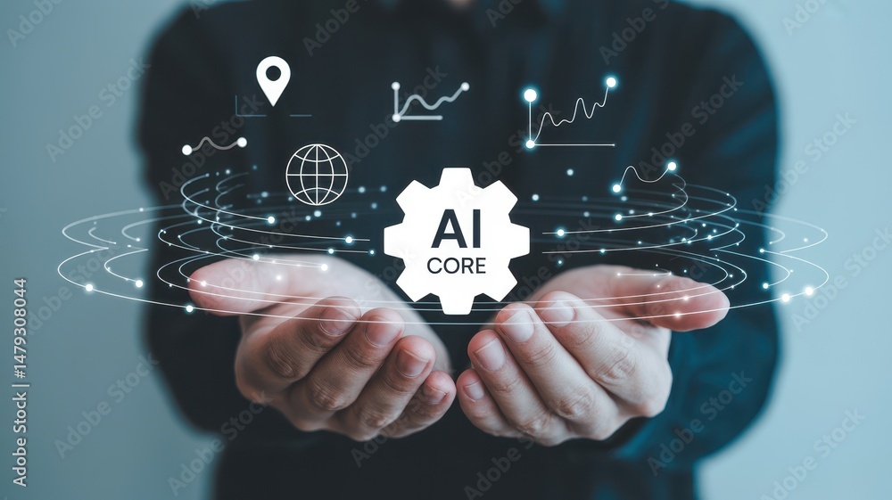 Poster hands holding a digital representation of artificial intelligence.
