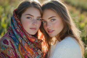 Fototapeta premium Two beautiful young women with long hair, one wearing a colorful scarf, pose closely together in a sunlit field.