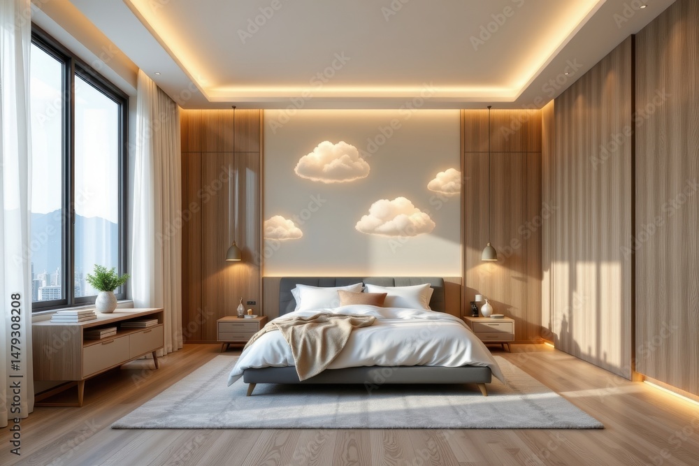 Poster realistic 3d render of a modern bedroom with floating clouds and glowing soft lights illuminating th