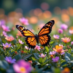 Naklejka premium realistic 3d render of a butterfly in a luminous meadow with bioluminescent plants and a soft focus background