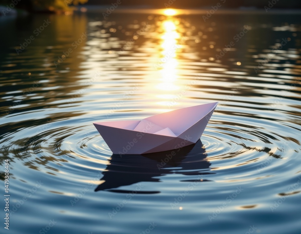 Aufkleber realistic digital rendering of a paper boat floating calmly on a rippling reflective lake under soft