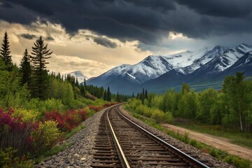 Scenic railway tracks winding through a lush landscape with snow capped mountain peaks