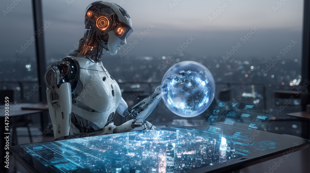 Poster beautiful robot woman standing at the interactive table with hologram of smart city. cyborg work wit