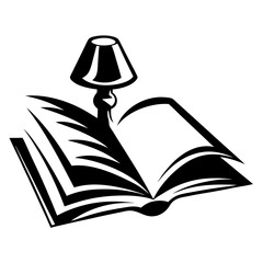 A stylized image of an open book topped with a small lamp