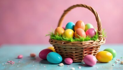 Naklejka premium Colorful jelly beans and chocolate eggs nestled in a spring-themed basket Perfect for Easter or April Fool's Day , spring sweets, pastel