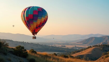 Colorful hot air balloon floats gracefully above landscape, nature, scenic