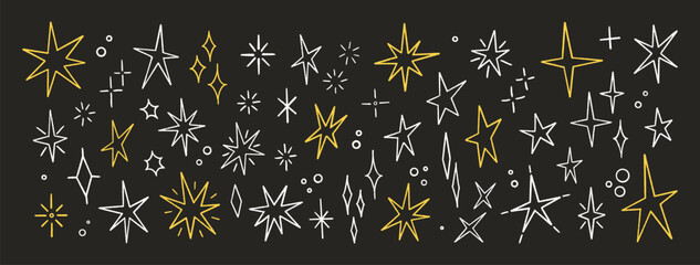 Stars big set, crayon hand drawn. Magic yellow and white twinkle icons, contour. Shine, spark or light, chalk elements on black background. Sketch sparkles. Glitter doodle sparks. Vector illustration
