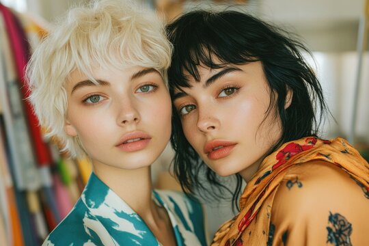 Two young women with short, stylish haircuts, one blonde and one brunette, pose closely together.