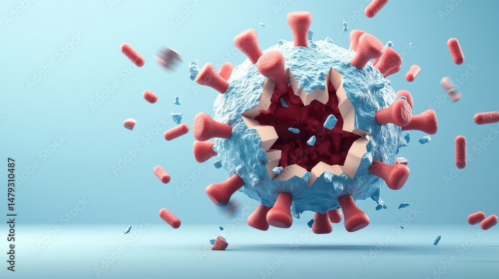 Poster highly detailed 3d illustration of a virus particle with spike proteins on its surface in a scientif