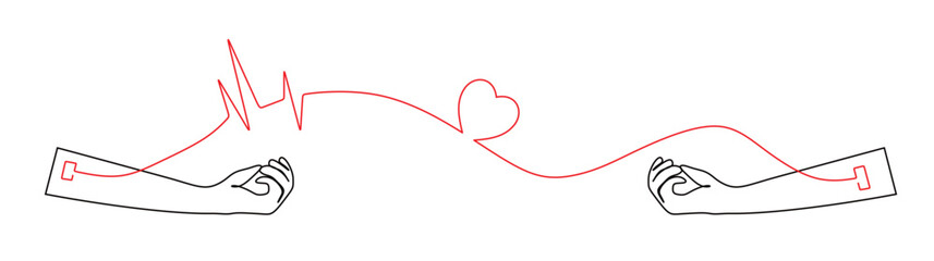 Continuous single line drawing of a hand icon doing blood donation. Design element for banner or sticker purposes with transparent background