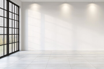 Fototapeta premium Minimalist spacious room with large window casting sunlight on white walls and tiled floor.