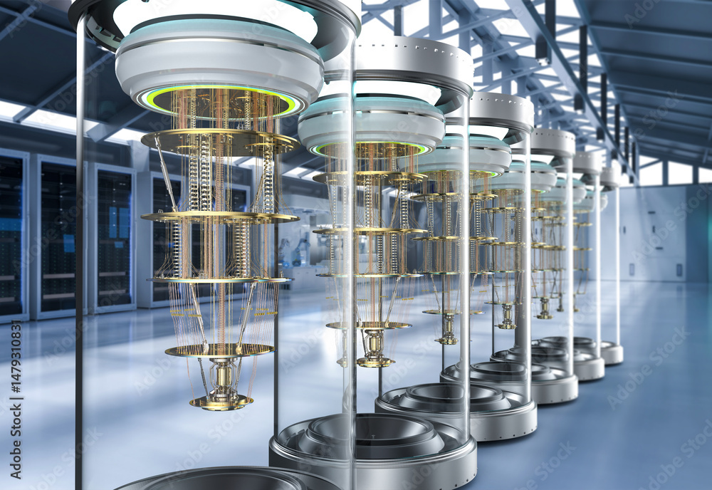 Poster quantum computer machines in shield capsules at laboratory