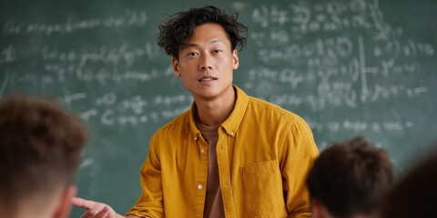 Teacher explaining complex math problem to engaged students in classroom setting