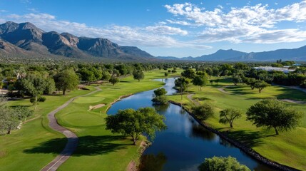 A panoramic view of a golf course set against a backdrop of distant mountains and a bright blue sky