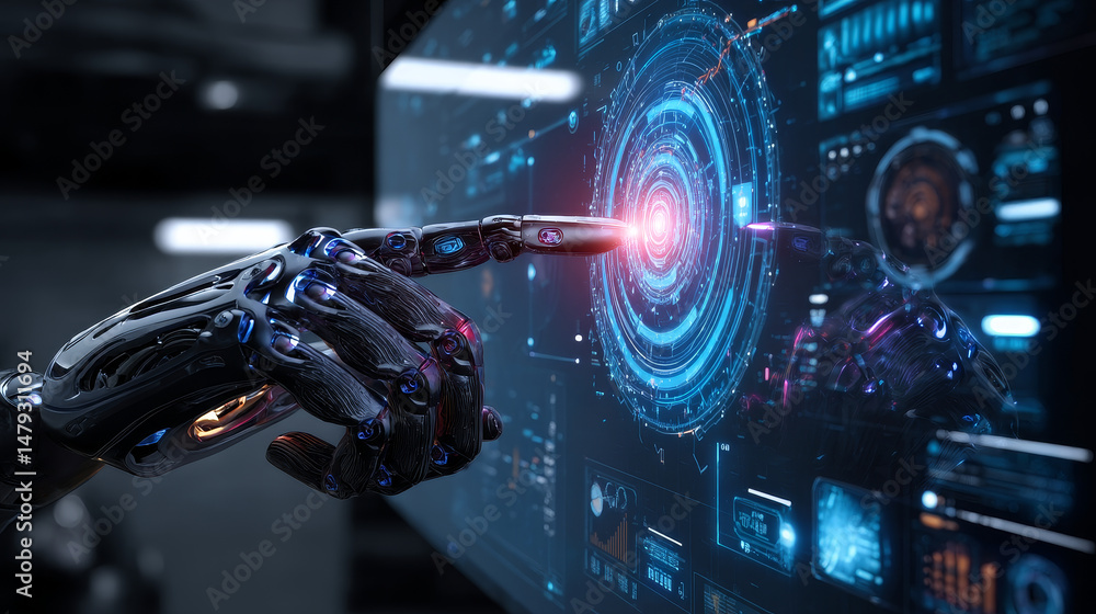 Poster the robot mechanical arm or hand presses the index finger on the button a virtual holographic interf
