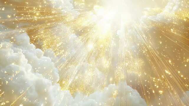 Golden light rays burst through heavenly clouds, creating a divine, ethereal scene.