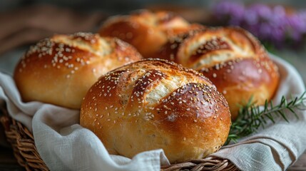 Freshly baked bread on linen cloth, warm rustic tone