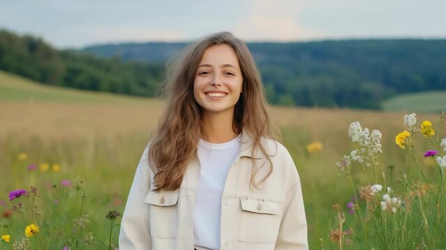 A woman is smiling in a field of flowers. She is wearing a white jacket and a white shirt