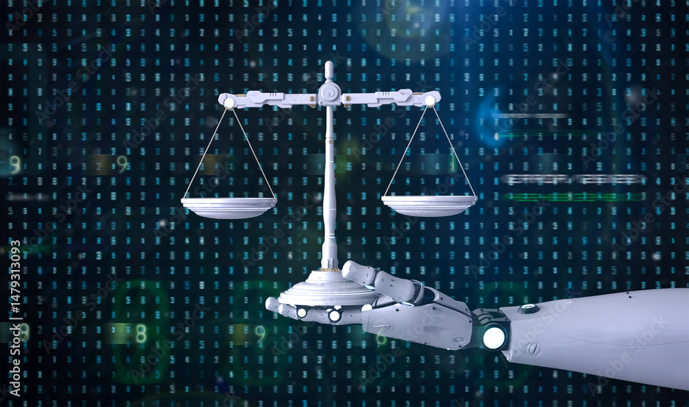 Poster digital law concept with ai robot hold law scale with graphic display