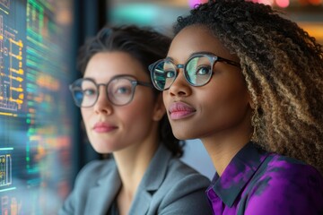 Two women wearing glasses thoughtfully look at a screen displaying data, showcasing collaboration and technological analysis.
