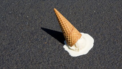 Melted ice cream cone on hot asphalt highlights rising global temperatures under midday sun
