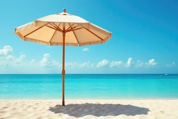 Fototapeta premium Large beige beach umbrella open on sandy beach, tropical, clouds, stability