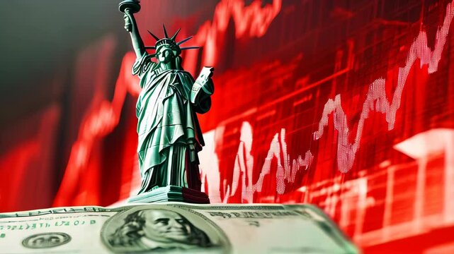 The Statue of Liberty, a dollar note, and a declining graph--symbolizing the economic crisis in the United States. A drop in industrial production and a worsening of key economic indicators