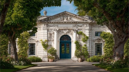 Naklejka premium Grand mansion entrance with ornate doorway, framed by lush greenery; timeless elegance of luxury estate architecture. 