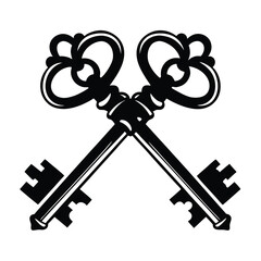Two crossed antique keys in black and white simple symbolic image