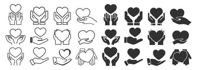 Heart in Hand Icons Set. Charity, Love, Support, Care, Compassion Symbol Vector Illustration Isolated on Transparent Background