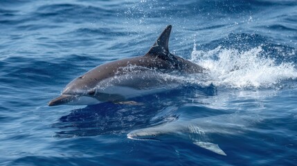 Naklejka premium Two playful dolphins in the deep blue ocean.