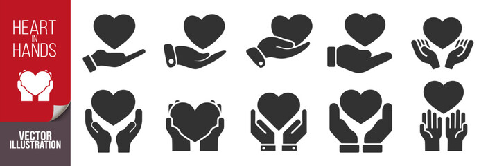 Heart in hands icons set. Love, care, support, healthcare symbol. Flat and silhouette vector illustration isolated on transparent background