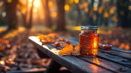 Glass jar of jam on wooden picnic table