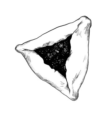 Artistic black and white illustration of a hamantaschen cookie filled with poppy seeds, symbolizing the Jewish holiday of Purim. Traditional triangular pastry representing culture and celebration.